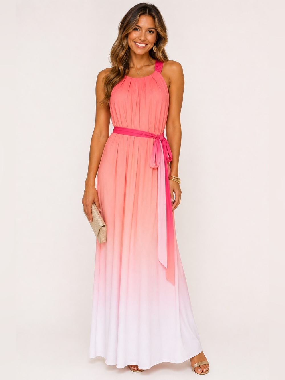Sandra Darren Size 12 Pink Coral Ombre Maxi Dress Tie Waist Bow Back Sleeveless